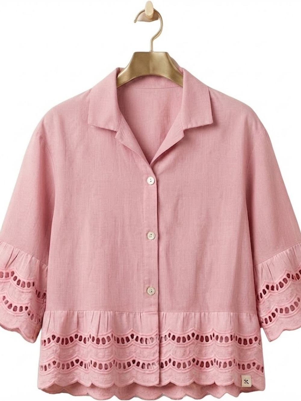 Kimono style Women's Pink Eyelet Hem Button-Front Top